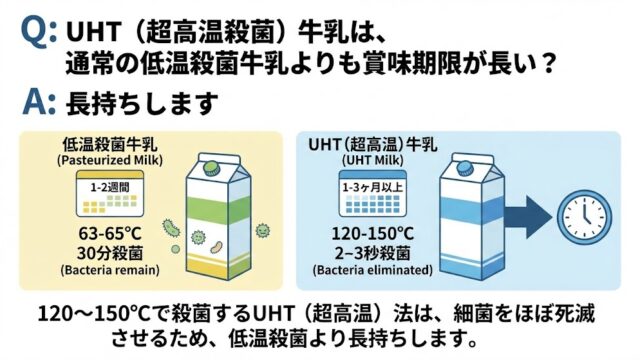UHT（超高温殺菌）牛乳は、通常の低温殺菌牛乳よりも賞味期限が長い？